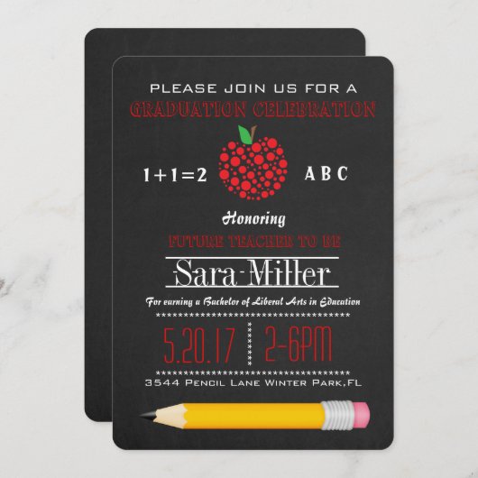 鉛筆及びAppleの先生の卒業の招待状 招待状 (正面/裏面)