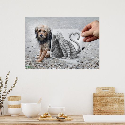 鉛筆Vsカメラ – 犬と猫 ポスター (キッチン)