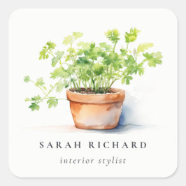 鉢付きハーブパセリーコリアンダー水彩植物学 スクエアシール