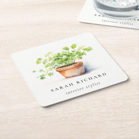 鉢付きハーブパセリーコリアンダー水彩植物学 スクエアペーパーコースター (アングル)