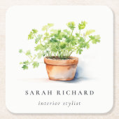 鉢付きハーブパセリーコリアンダー水彩植物学 スクエアペーパーコースター (正面)