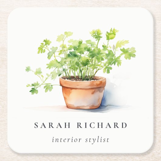 鉢付きハーブパセリーコリアンダー水彩植物学 スクエアペーパーコースター (正面)
