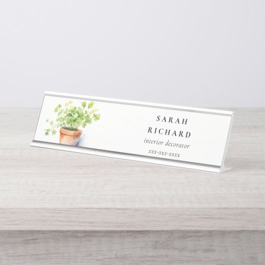 鉢付きハーブパセリーコリアンダー水彩植物学 デスクネームプレート (正面)