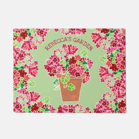 鉢植えで赤いゼラニウムの花のモノグラムのな名前 ドアマット (正面)