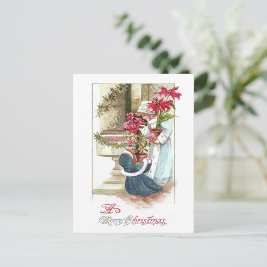 鉢植えな植物のヴィンテージのクリスマスの女の子 シーズンポストカード (スタンド正面)