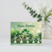 鉢植えのグリーンハウスプランツの誕生日おめでとう ポストカード (スタンド正面)