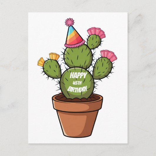 鉢植えのトゲトゲしたサボテンに誕生日帽子 ポストカード (正面)
