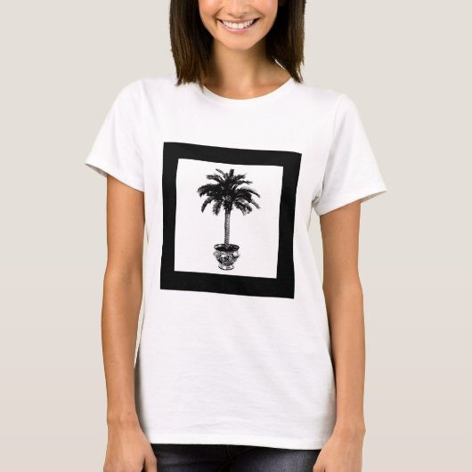 鉢植えのヤシの木 – 白黒 Tシャツ (正面)