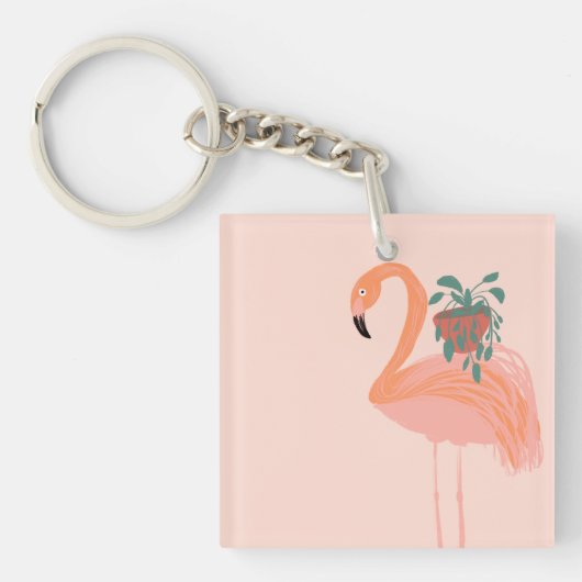 鉢植えの手を引いた熱帯性フラミンゴ キーホルダー (正面)