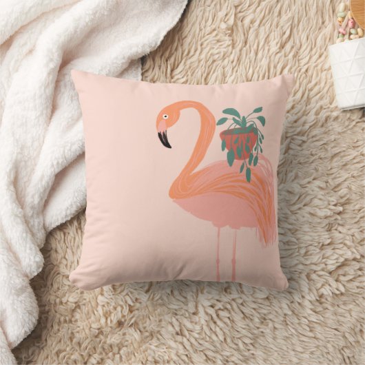 鉢植えの手を引いた熱帯性フラミンゴ クッション (ブランケット)