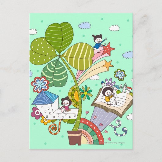 鉢植えの植物の横で勉強する子供たち ポストカード (正面)