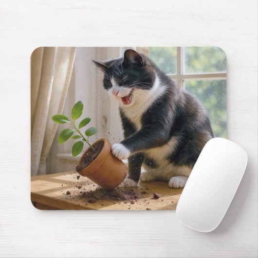 鉢植えの植物を倒すタキシード猫 マウスパッド (マウス)