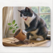 鉢植えの植物を倒すタキシード猫 マウスパッド (正面)