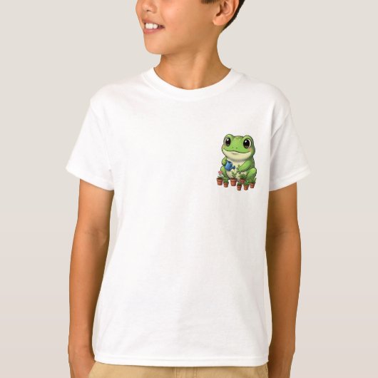 鉢植えの植物を持つ子供のためのガーデニングカエル Tシャツ (正面)
