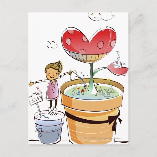 鉢植えの水やりをする人 ポストカード (正面)