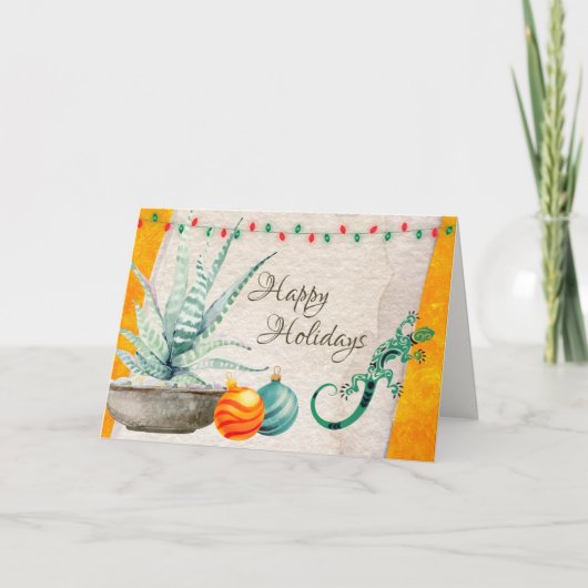 鉢植えサボテン、ゲッコ、クリスマスオーナメント シーズンカード (正面)