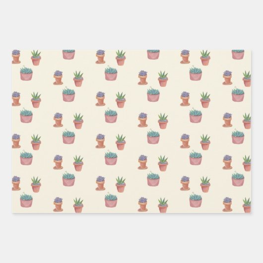 鉢植え多肉植物とサボテン水彩ギフト ラッピングペーパーシート (正面2)