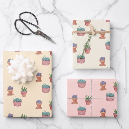 鉢植え多肉植物とサボテン水彩ギフト ラッピングペーパーシート (正面)
