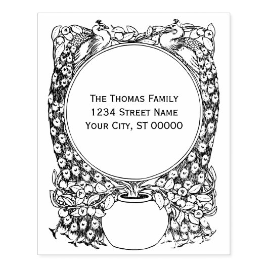 鉢植え工場名の住所を囲む2個の孔雀 ラバースタンプ (インプリント)