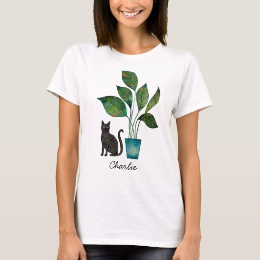 鉢植え水彩の猫パーソナライズされた Tシャツ (正面)