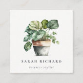 鉢植え葉付きハウスプラントボタニカルQRコード スクエア名刺 (正面)