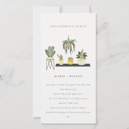 鉢状の葉状の多肉植物婚約招待状 サンキューカード (正面)