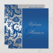 銀およびコバルトブルーのダマスク織の結婚式招待状 招待状 (正面/裏面)