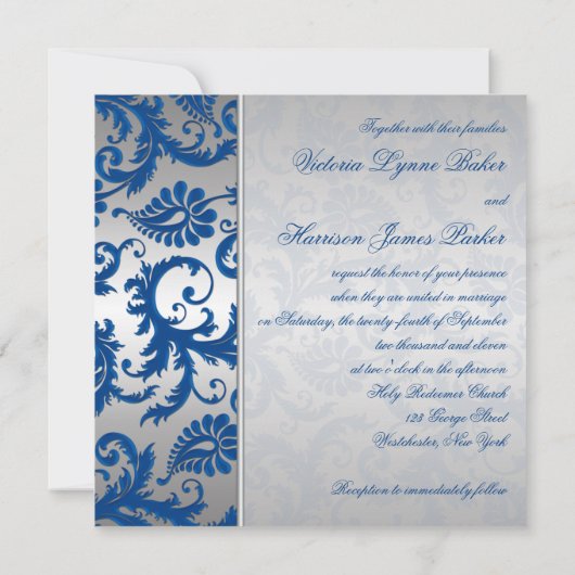 銀およびコバルトブルーのダマスク織の結婚式招待状 招待状 (裏面)