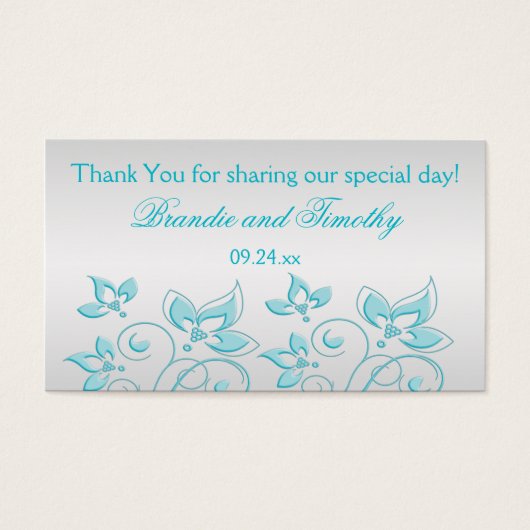 銀およびターコイズフローラ結婚式の引き出物ラベル (正面)