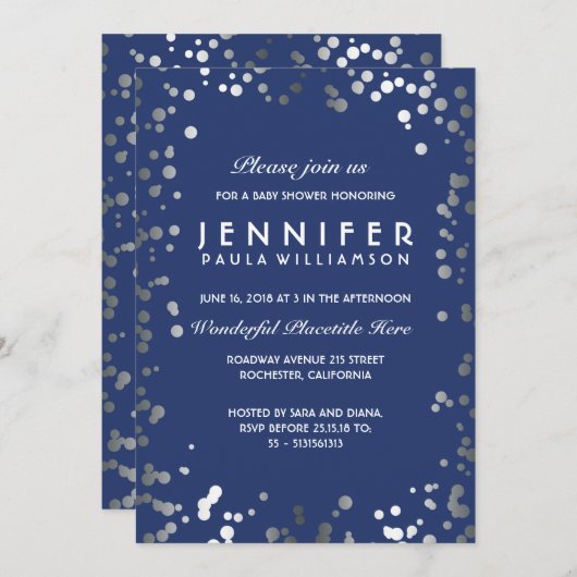 銀および海軍紙吹雪の点のヴィンテージのベビーシャワー 招待状 (正面/裏面)