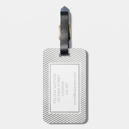 銀および白くストライプのな荷物のラベル ラゲッジタグ (裏面縦)