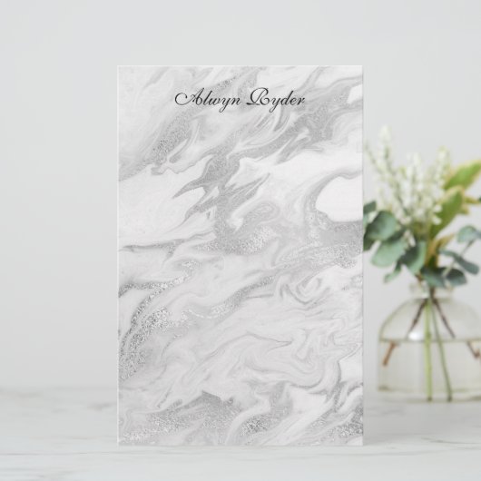 銀および白によって大理石模様をつけられる文房具 便箋 (スタンド正面)