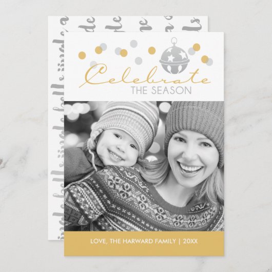 銀および金ゴールドのそり鐘のクリスマスの写真カード シーズンカード (正面/裏面)