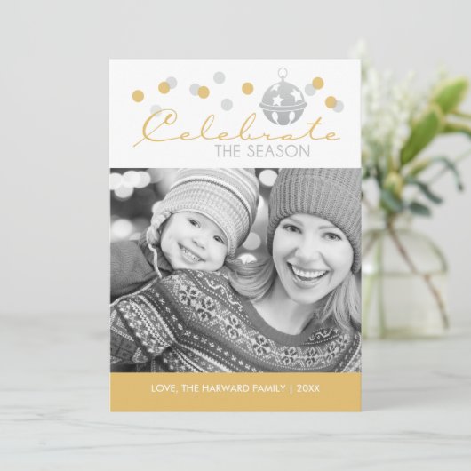 銀および金ゴールドのそり鐘のクリスマスの写真カード シーズンカード (スタンド正面)