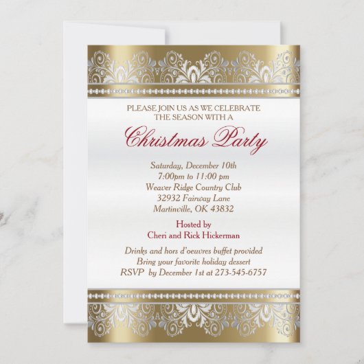 銀および金ゴールドのクリスマスの休日の木 招待状 (正面)