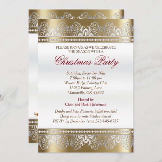 銀および金ゴールドのクリスマスの休日の木 招待状 (正面/裏面)