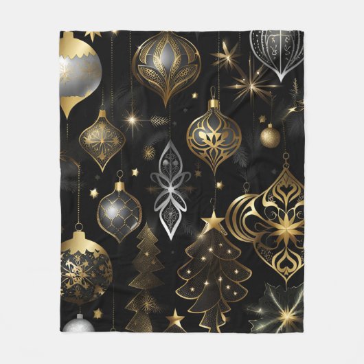 銀および金ゴールド伝統的オーナメントパターン フリースブランケット (正面)