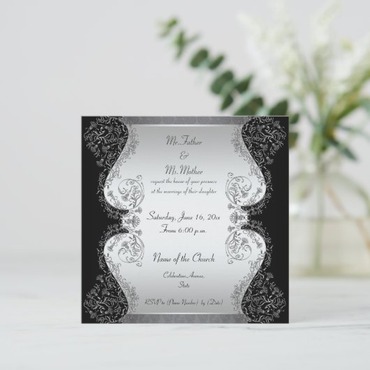 銀および黒のエレガントな結婚式招待状 招待状 (スタンド正面)