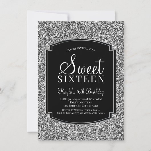 銀および黒のグリッターの菓子16の招待状 招待状 (正面)