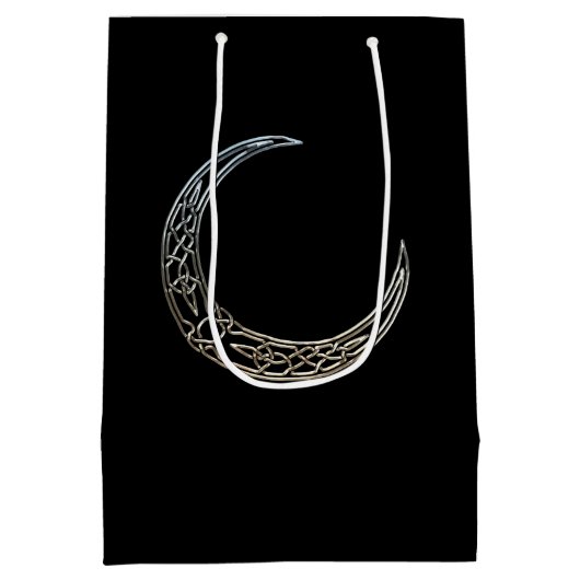 銀および黒のケルト族の三日月形の月 ミディアムペーパーバッグ (裏面)
