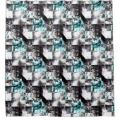 銀からシアンの汚れた質感の正方形のモザイク シャワーカーテン (正面)