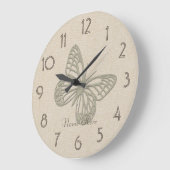 銀かわいらし蝶リネン追加ネームウォールクロック ラージ壁時計 (傾斜)