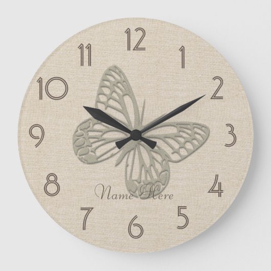 銀かわいらし蝶リネン追加ネームウォールクロック ラージ壁時計 (正面)