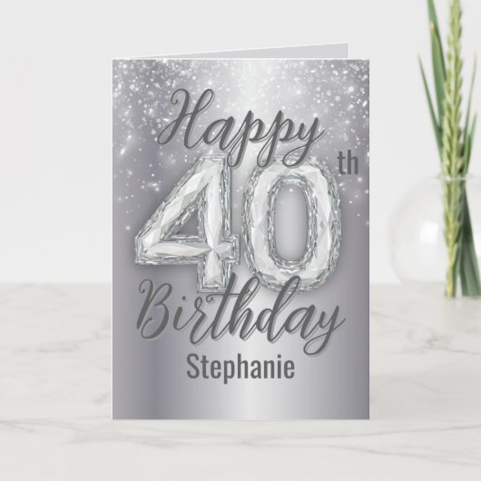 銀きらめくとダイヤモンドのアクセント40th誕生日 カード (正面)