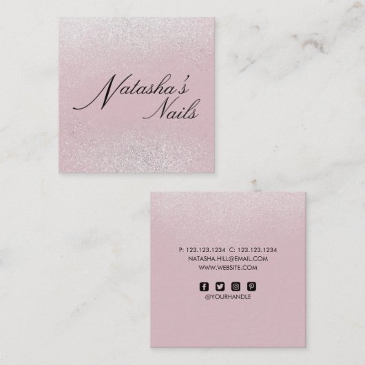 銀きらめくダストピンクビジネスカード スクエア名刺 (正面/裏面)