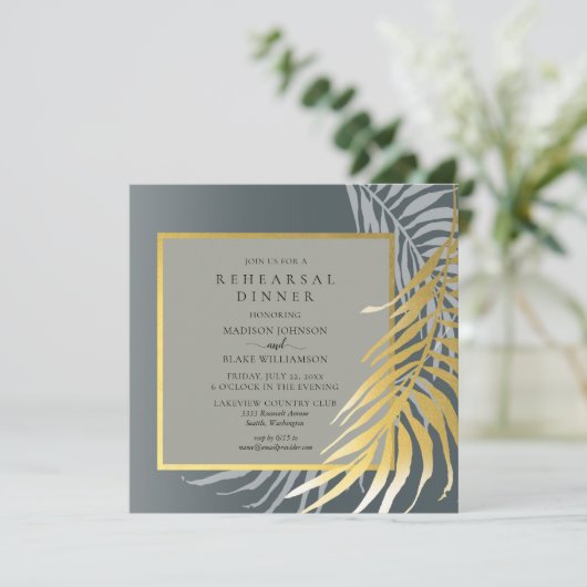 銀とエレガント金ゴールドのトロピカルリハーサルディナー 招待状 (スタンド正面)