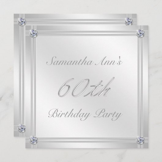 銀とダイヤモンドの効果60歳の誕生パーティー 招待状 (正面/裏面)
