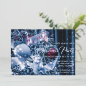 銀とマゼンタのグリッターバウブルクリスマスパーティー 招待状 (スタンド正面)