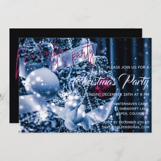銀とマゼンタのグリッターバウブルクリスマスパーティー 招待状 (正面/裏面)