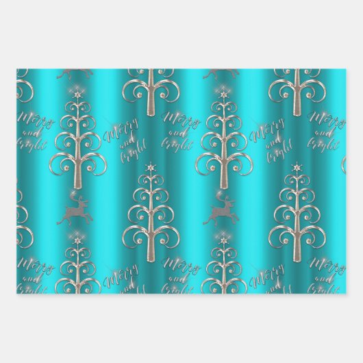 銀とメタリックアクアクリスマス ラッピングペーパーシート (正面)